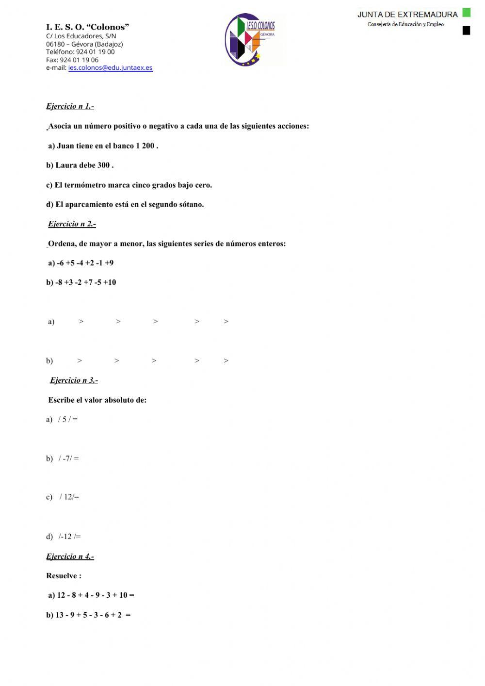 Ficha de números enteros