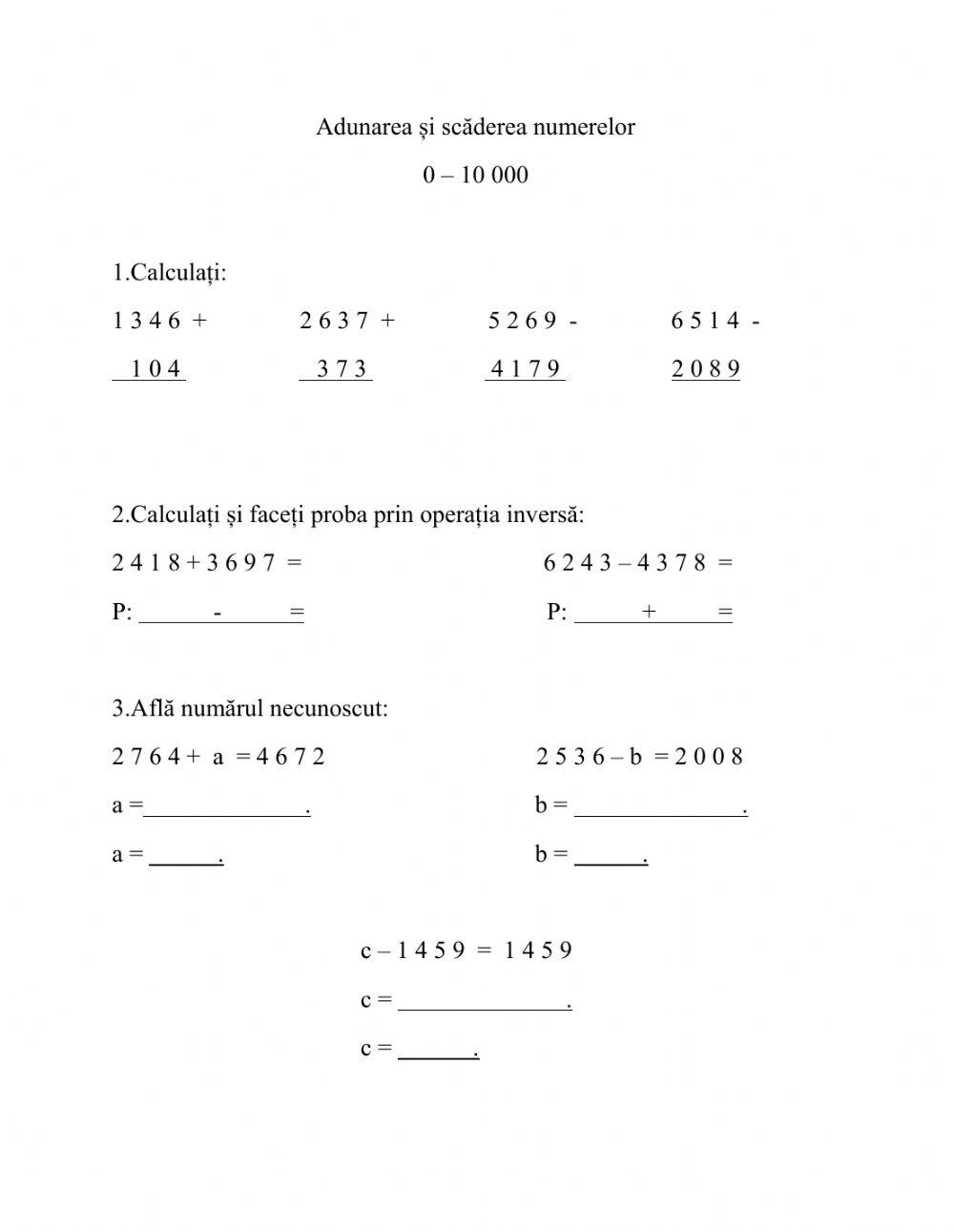Evaluare Adunarea și Scăderea 0-10000