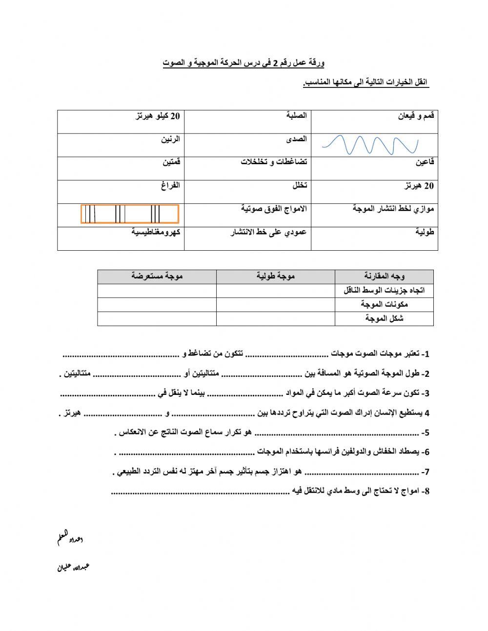 ورقة عمل 2 في الحركة الموجية و الصوت