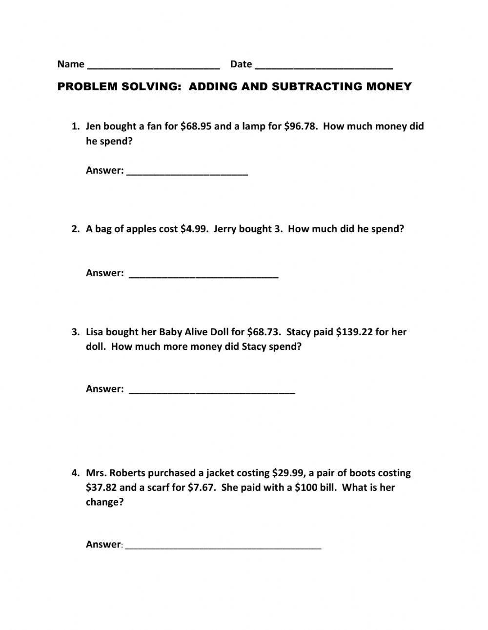 Problem Solving:Adding and Subtracting Money