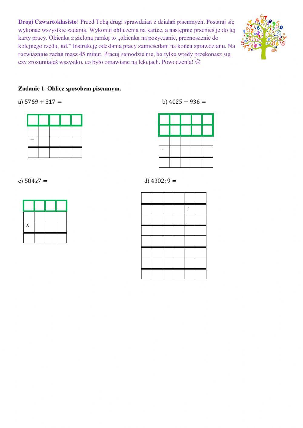 Działania pisemne kl. 4 - sprawdzian