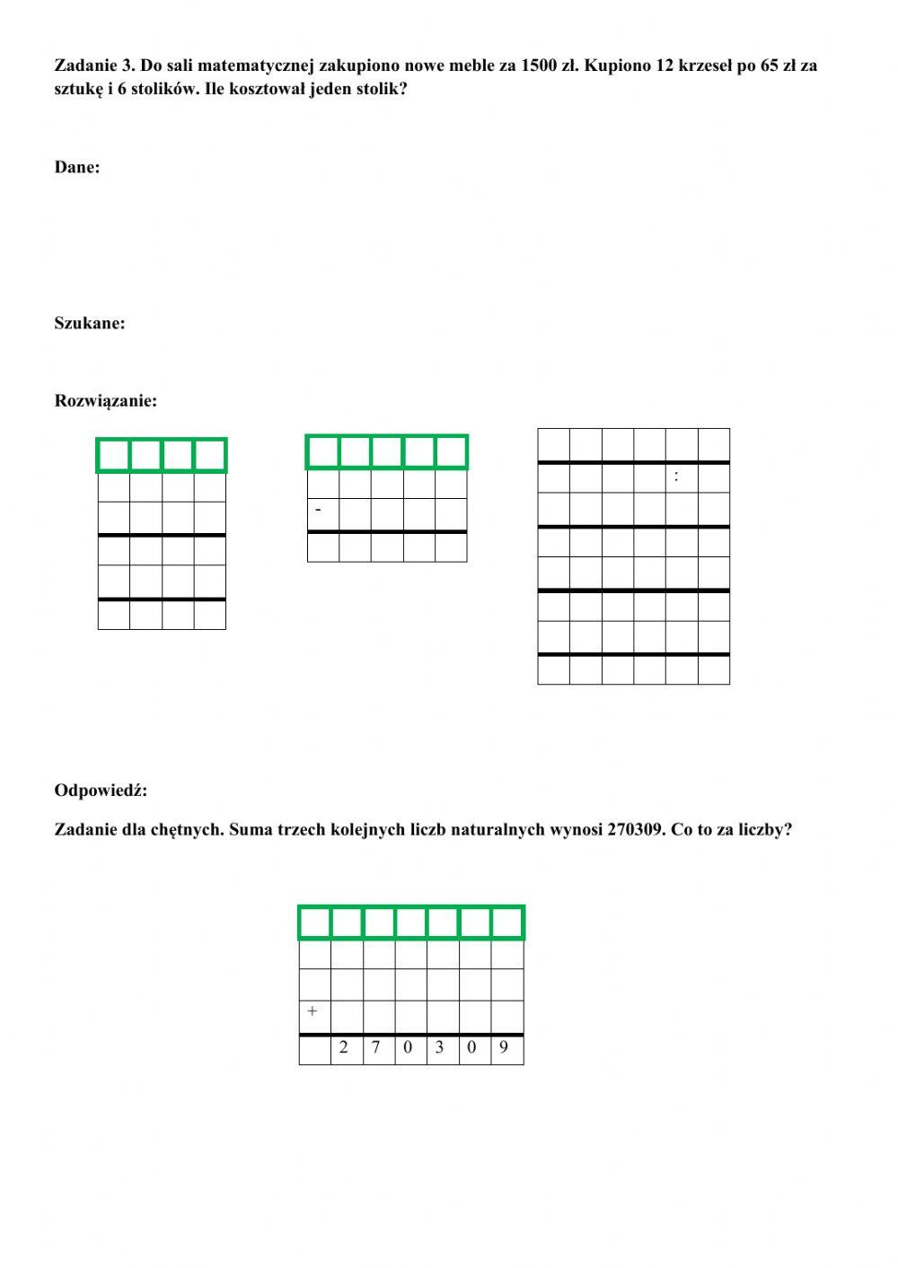 Działania pisemne kl. 4 - sprawdzian