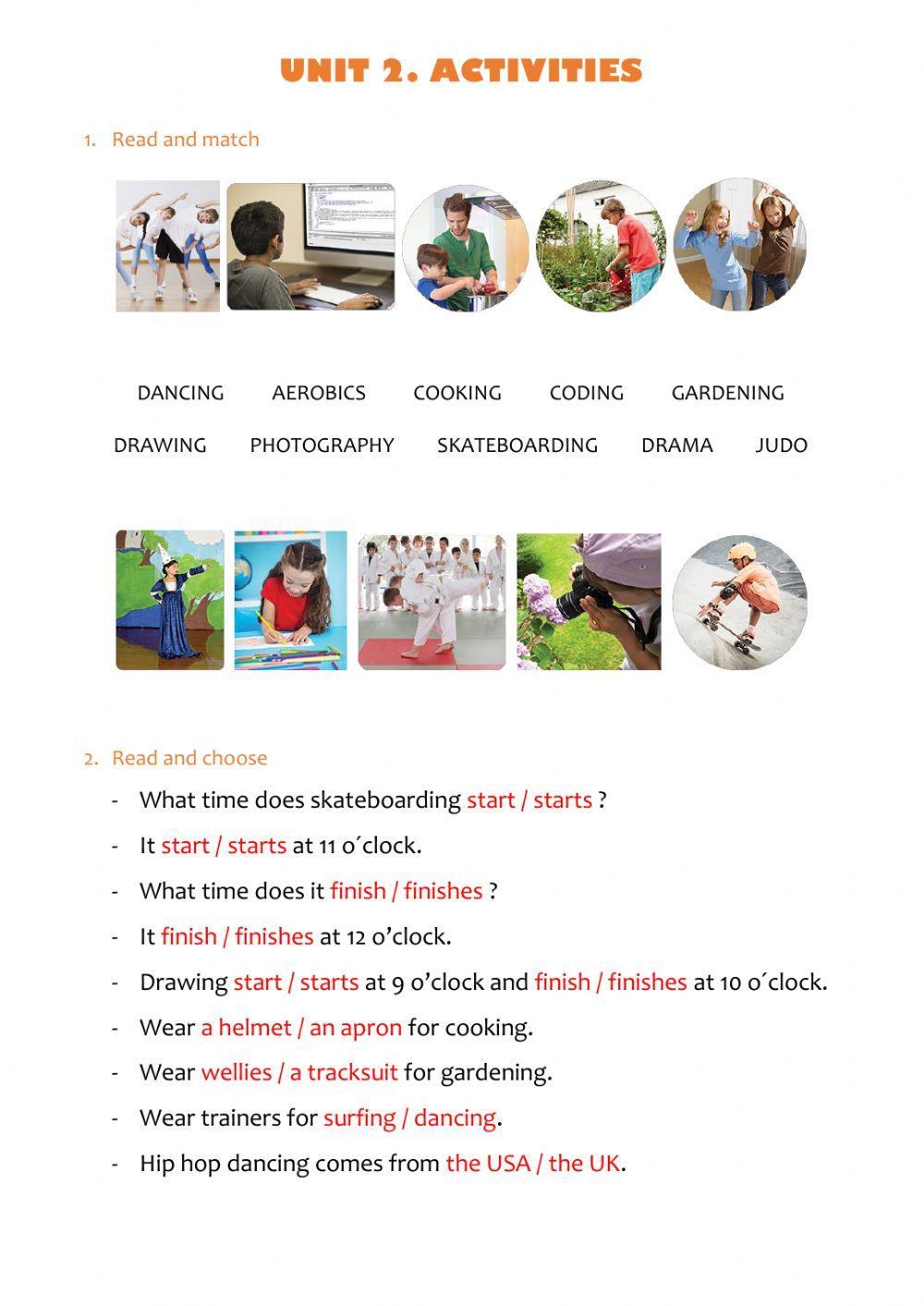 Revision Unit 2. Activities. Does. O'clock times.