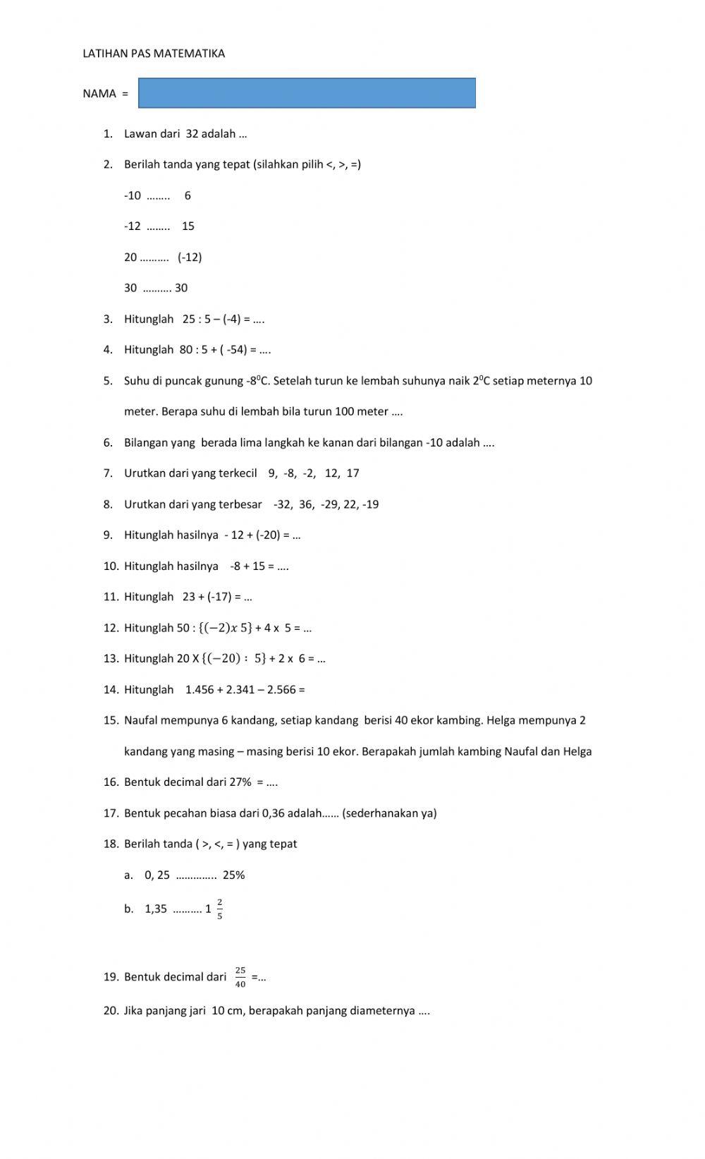 Soal latihan matematika pas
