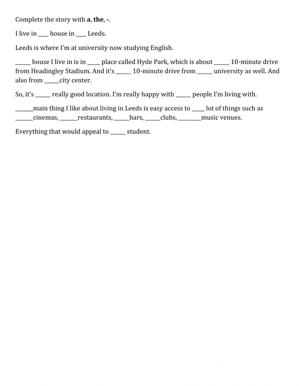 Articles living in the city worksheet live worksheets