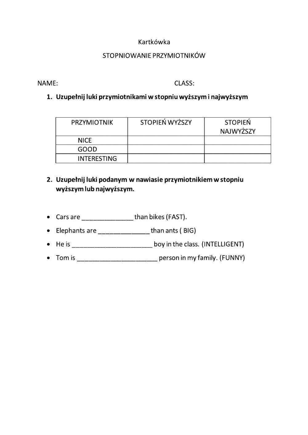Kartkówka stopniowanie przymiotników