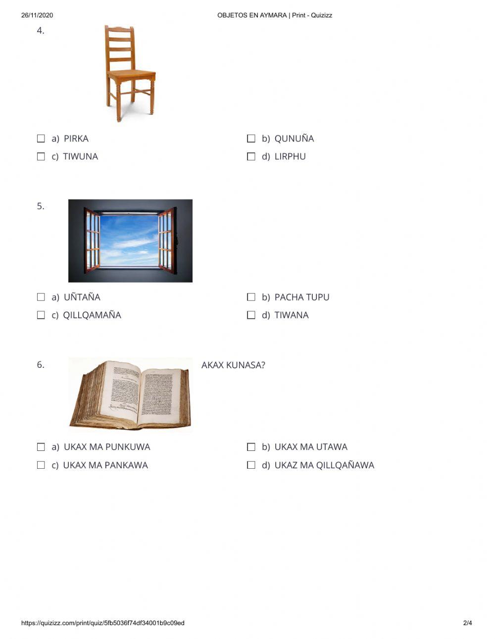 Objetos en aymara con conversación