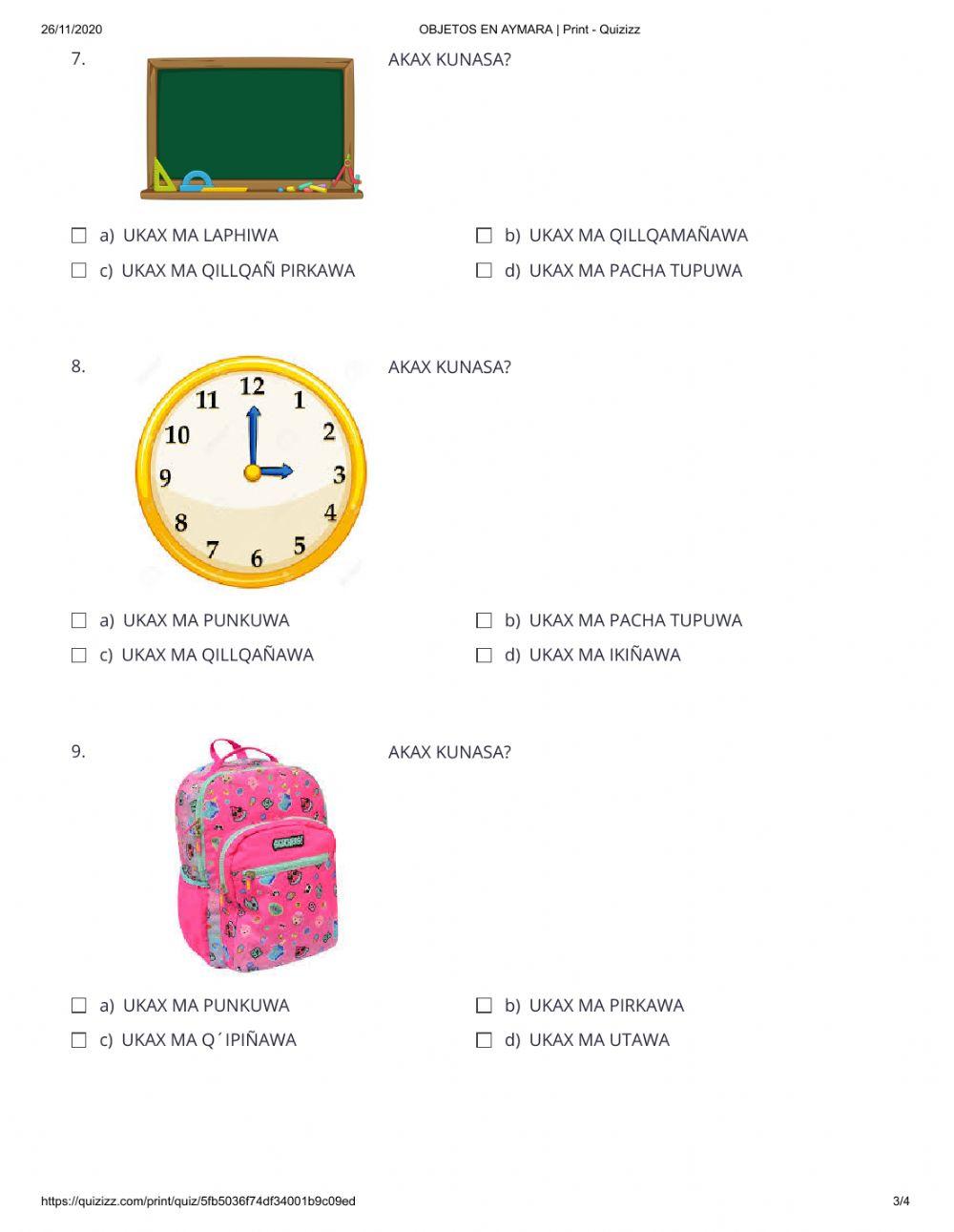 Objetos en aymara con conversación