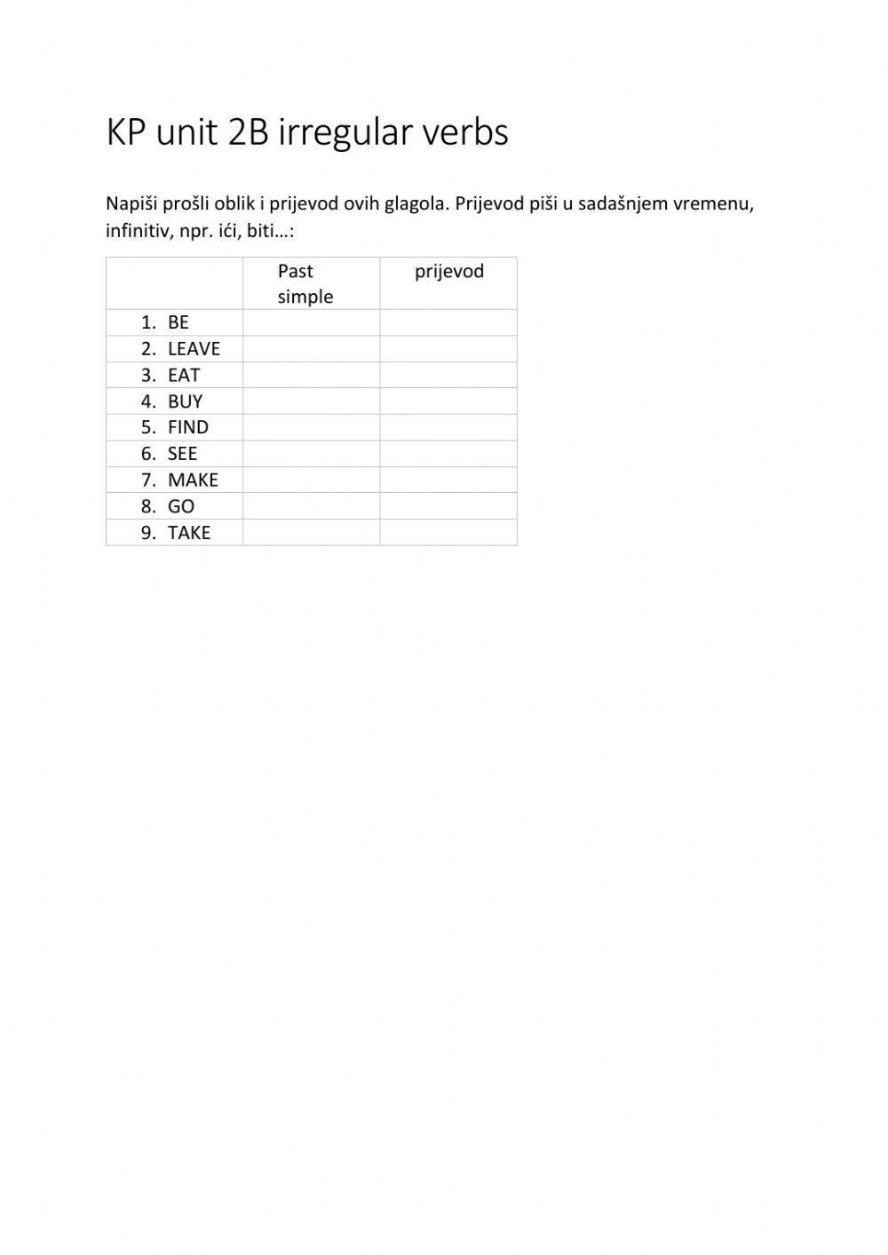 Short test irregular verbs past simple, prijevod