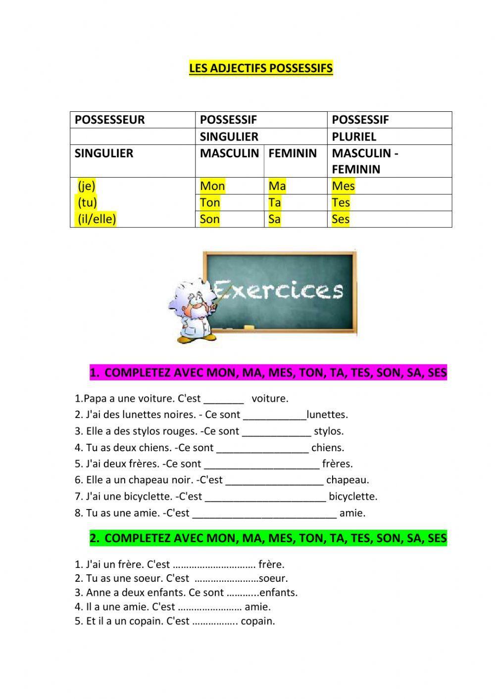 Déterminants Possessifs Exercices Les adjectifs possessifs online exercise for A1 | Live Worksheets