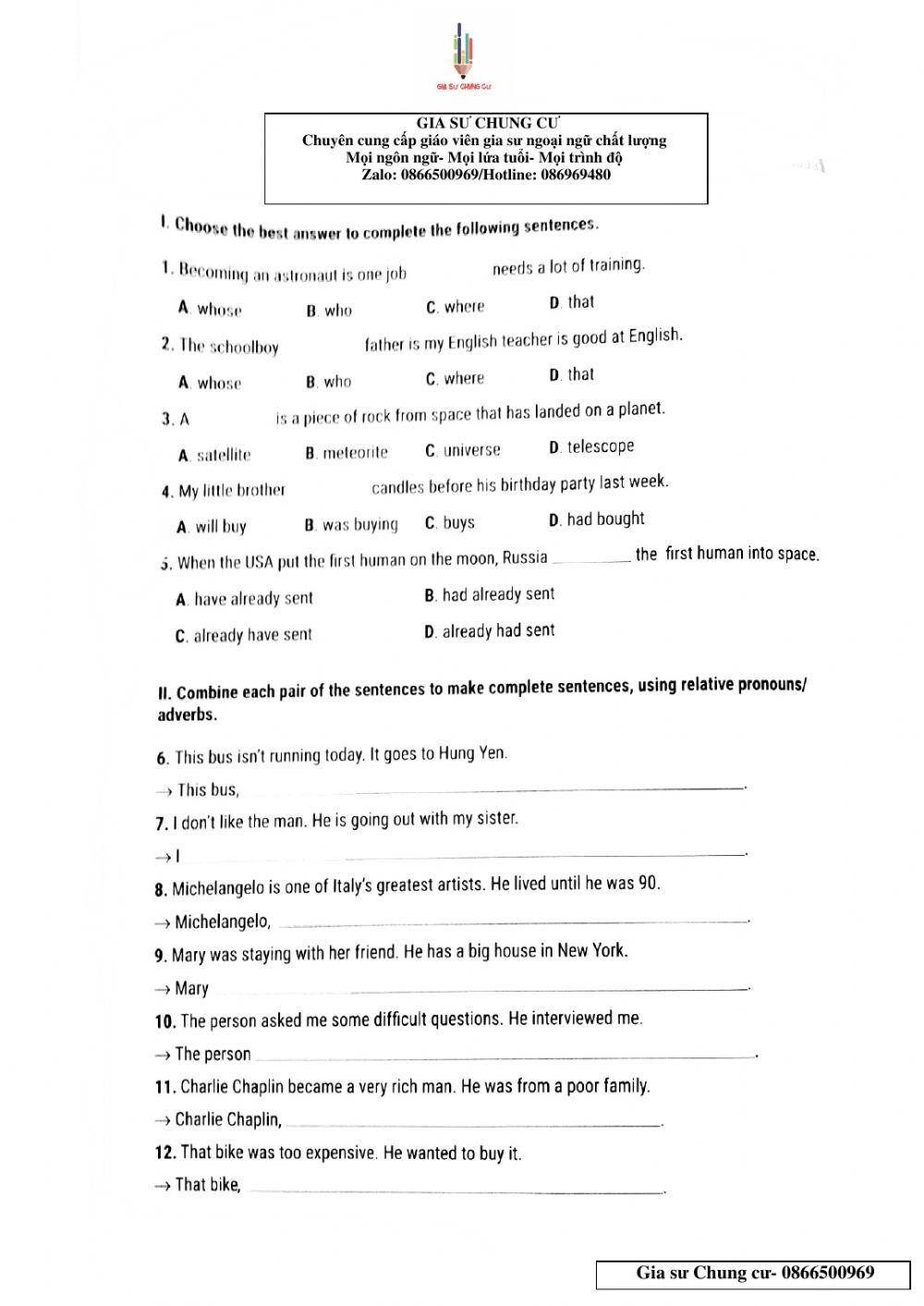 Lớp 9 - Kiểm tra 15 phút lần 2 Unit 10,11,12