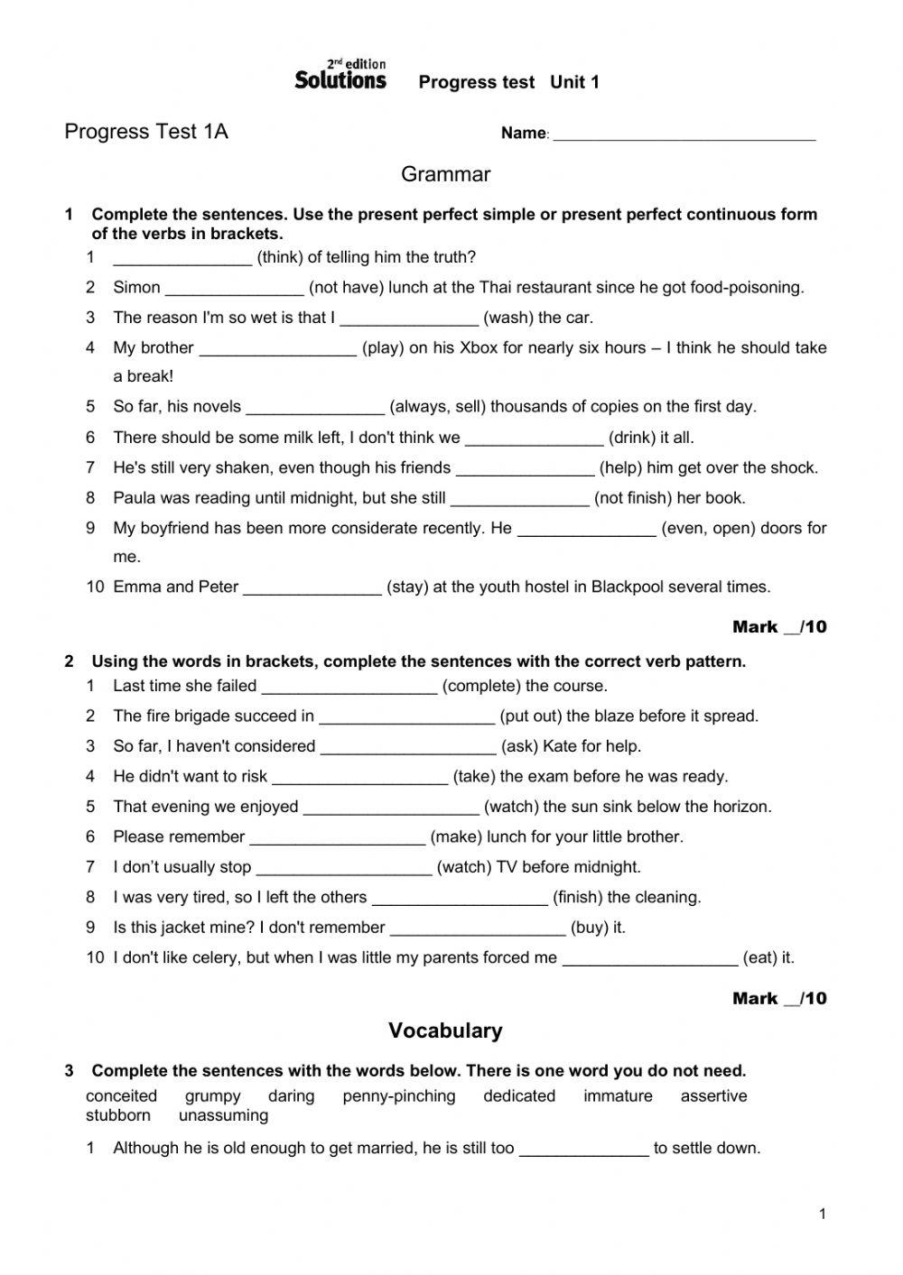 Solutions Upper-Intermediate Unit 1 Test