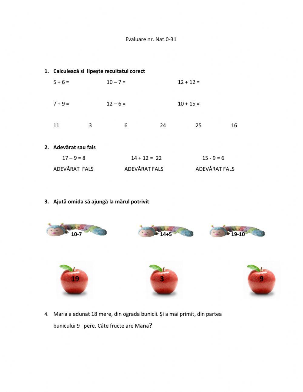 Adunarea si scăderea numerelor 0-20 cu trecere peste ordin