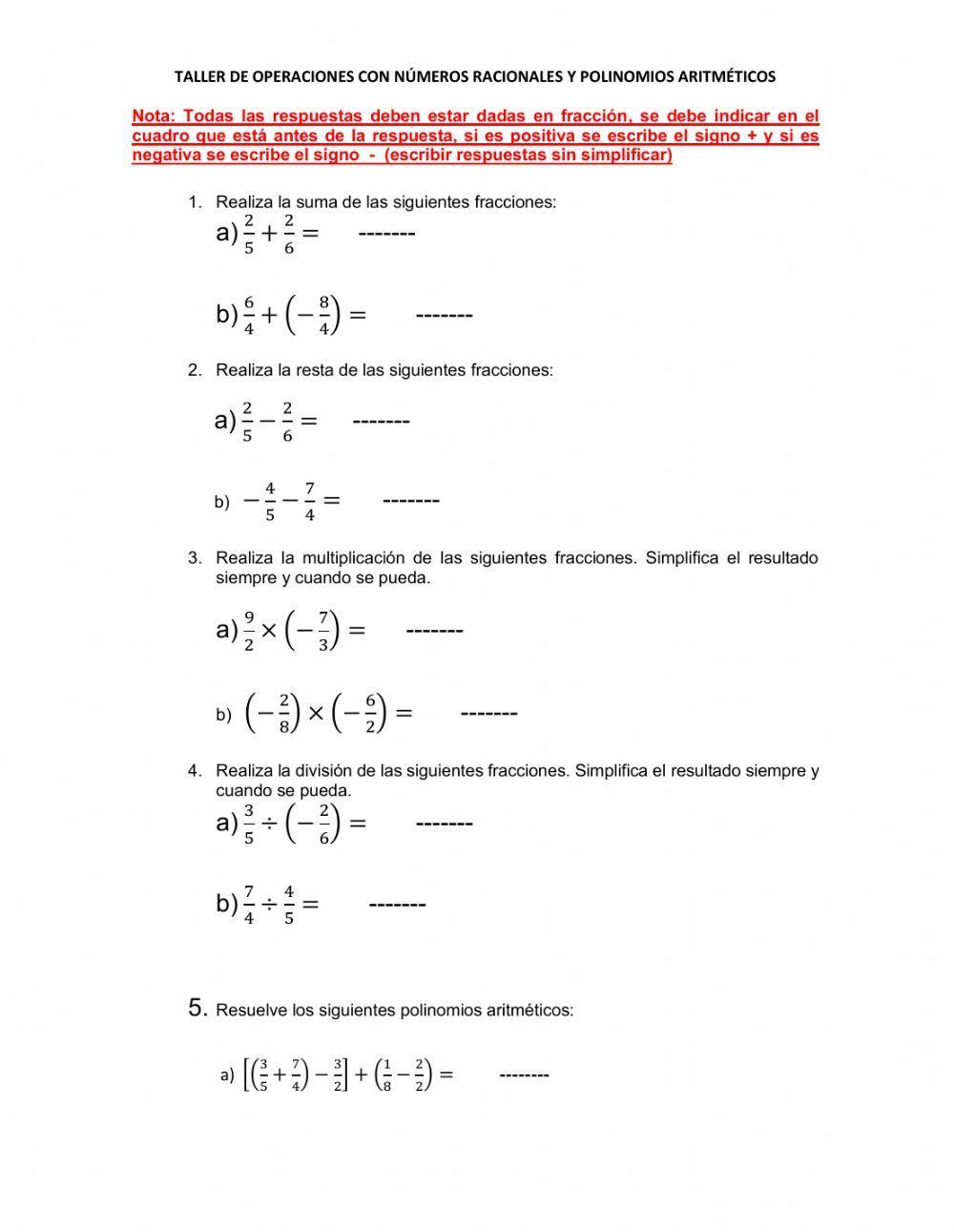 Operaciones con números racionales y polinomios aritméticos