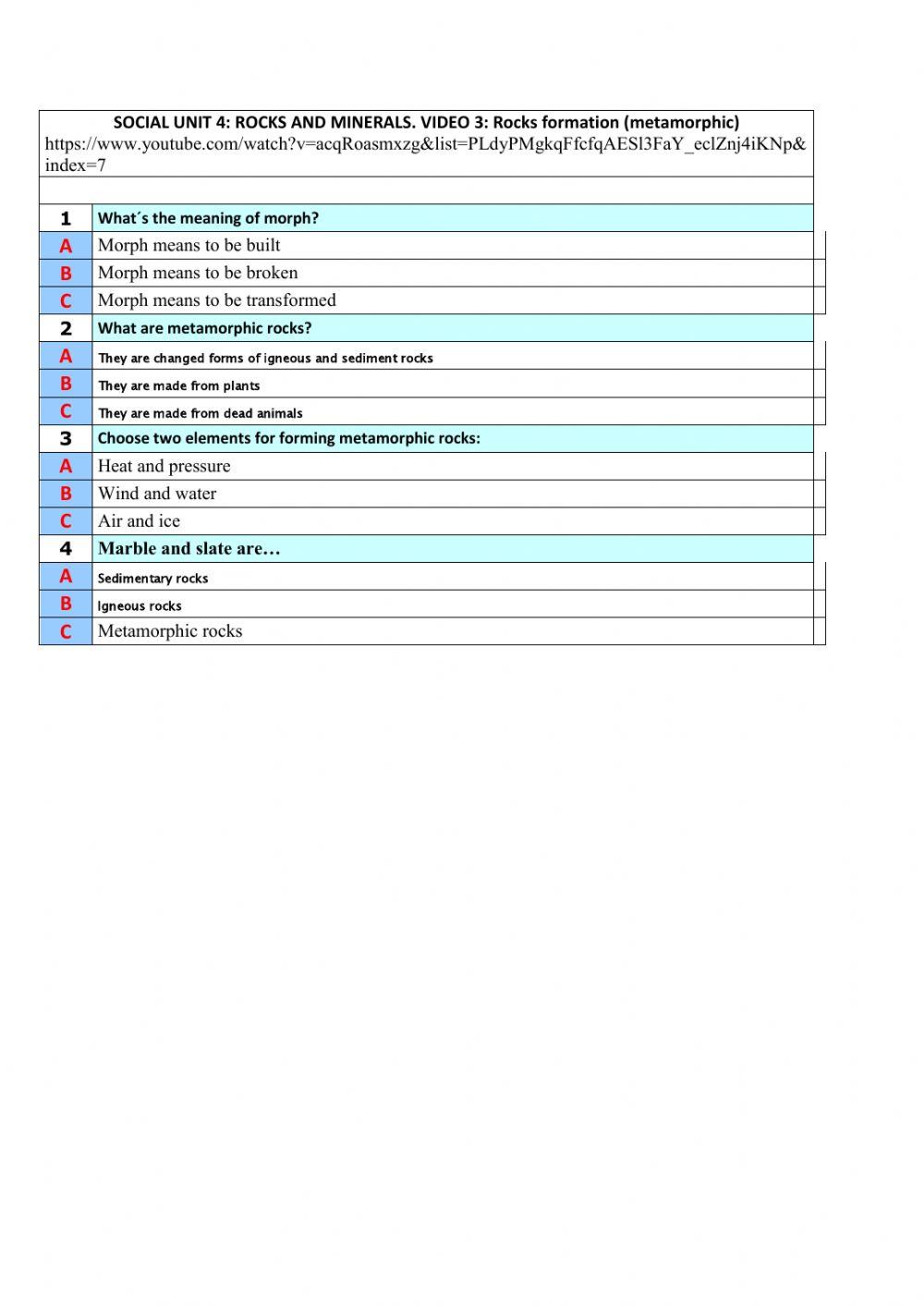 Test 4.3 Metamorphic Rocks