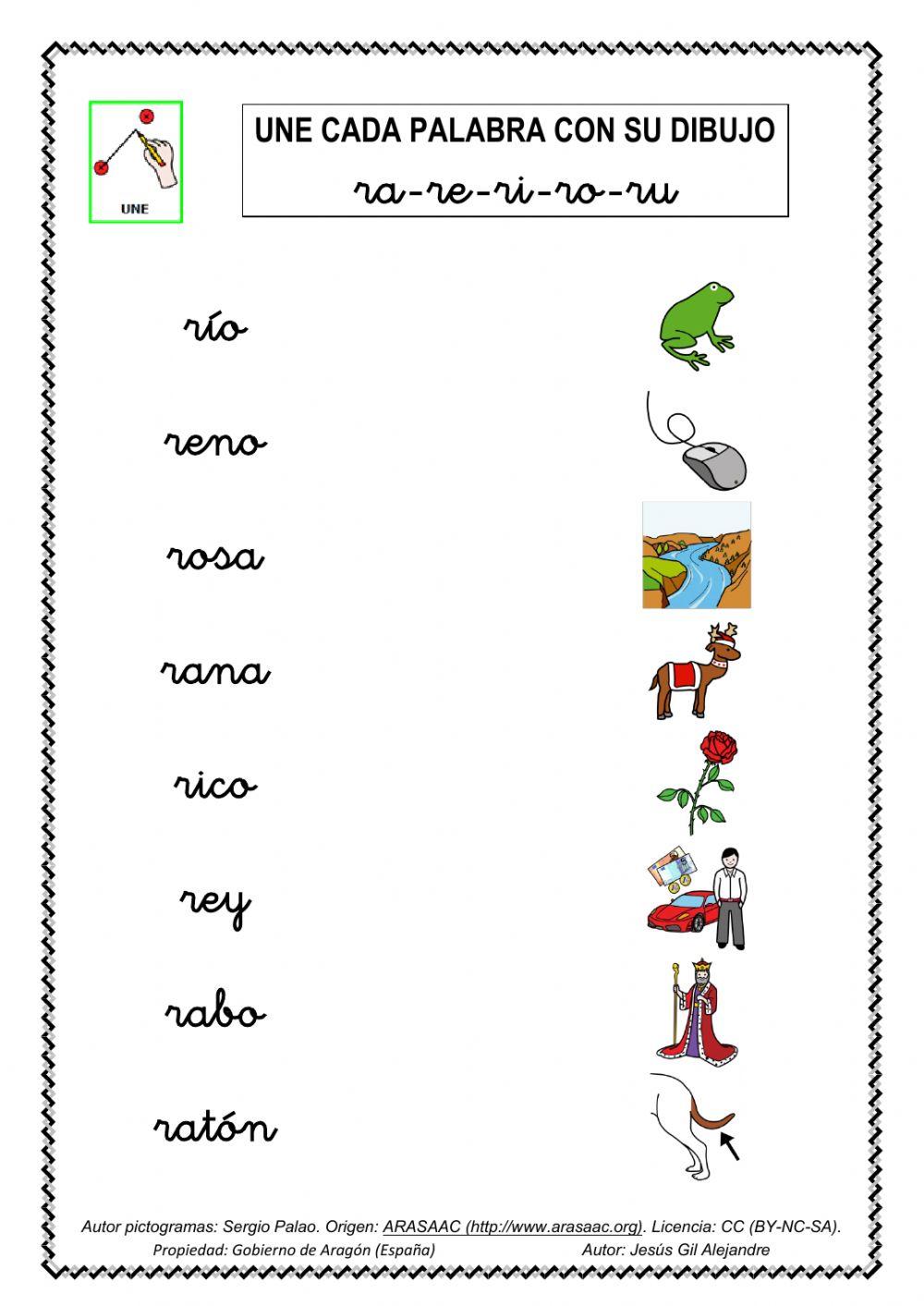 Une palabra y dibujo RA RE RI RO RU MINÚSCULAS