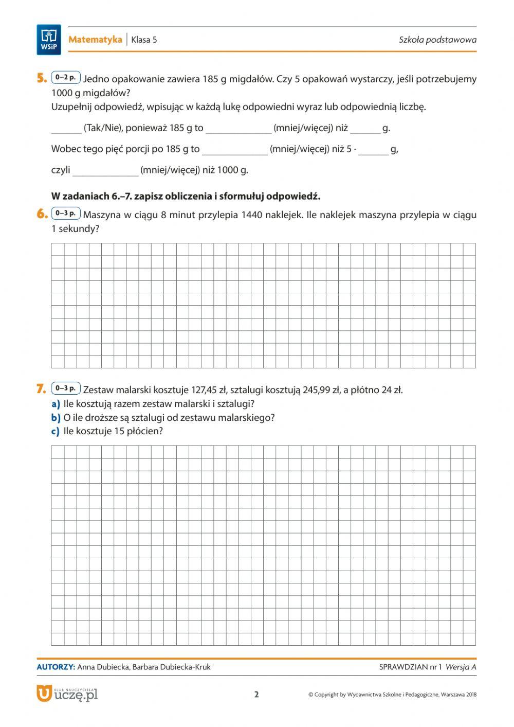 Sprawdzian Matematyka Klasa 5 Dział 1 Sprawdzian nr 1 Matematyka klasa V online exercise for | Live Worksheets