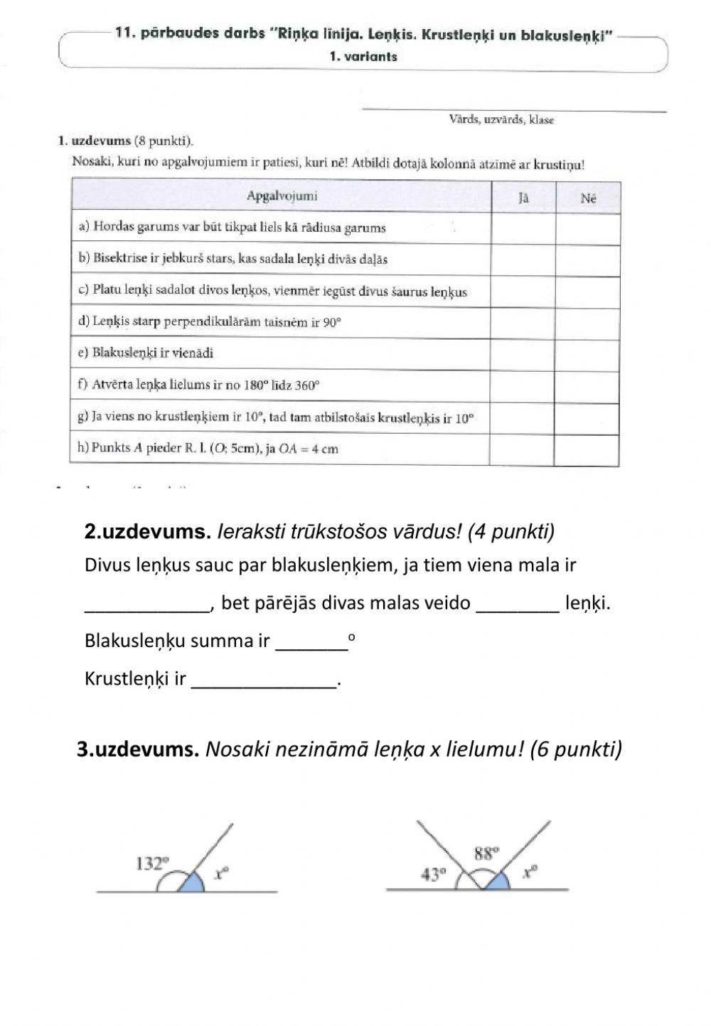Leņķi, blakusleņķi, krustleņķi.