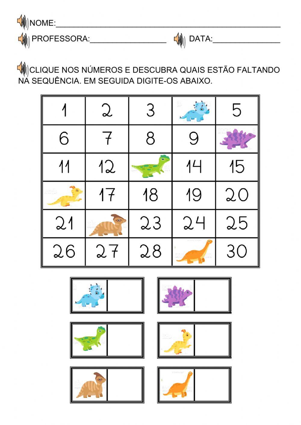Dinossauros numerais 1 a 30