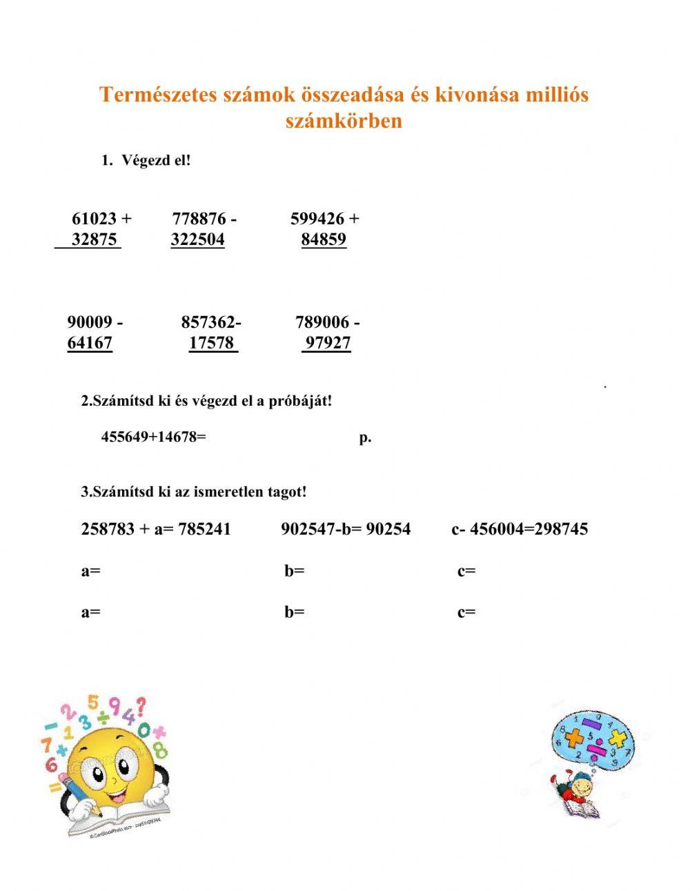 Összeadás és kivonás milliós számkörben