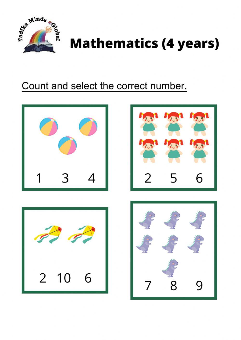 4 Years: Math Set 10 Page 1 worksheet | Live Worksheets