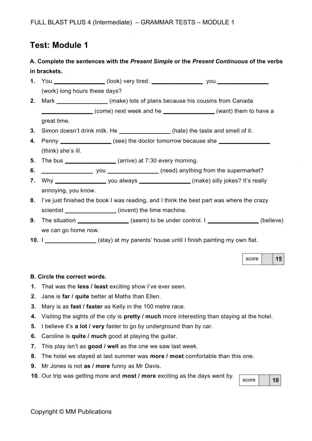 FULL BLAST PLUS 4: GRAMMAR TEST MODULE 1