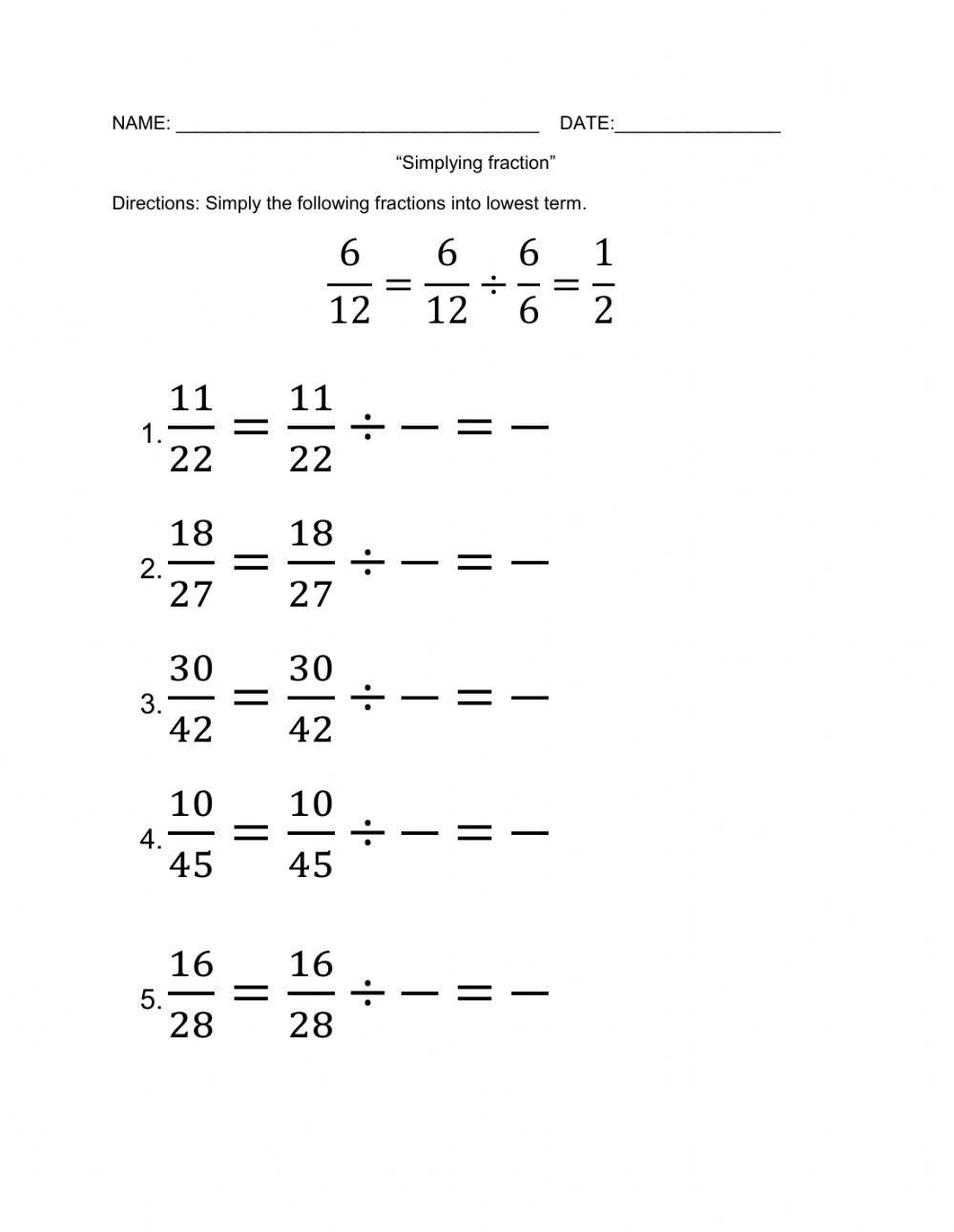 Simplying fraction worksheet Live Worksheets