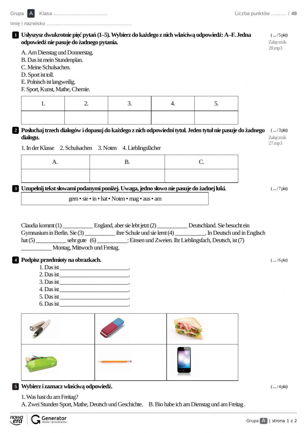 Niemiecki Klasa 7 Dzial 4 6274706 | Test 2 język niemiecki klasa 7 | diana2020