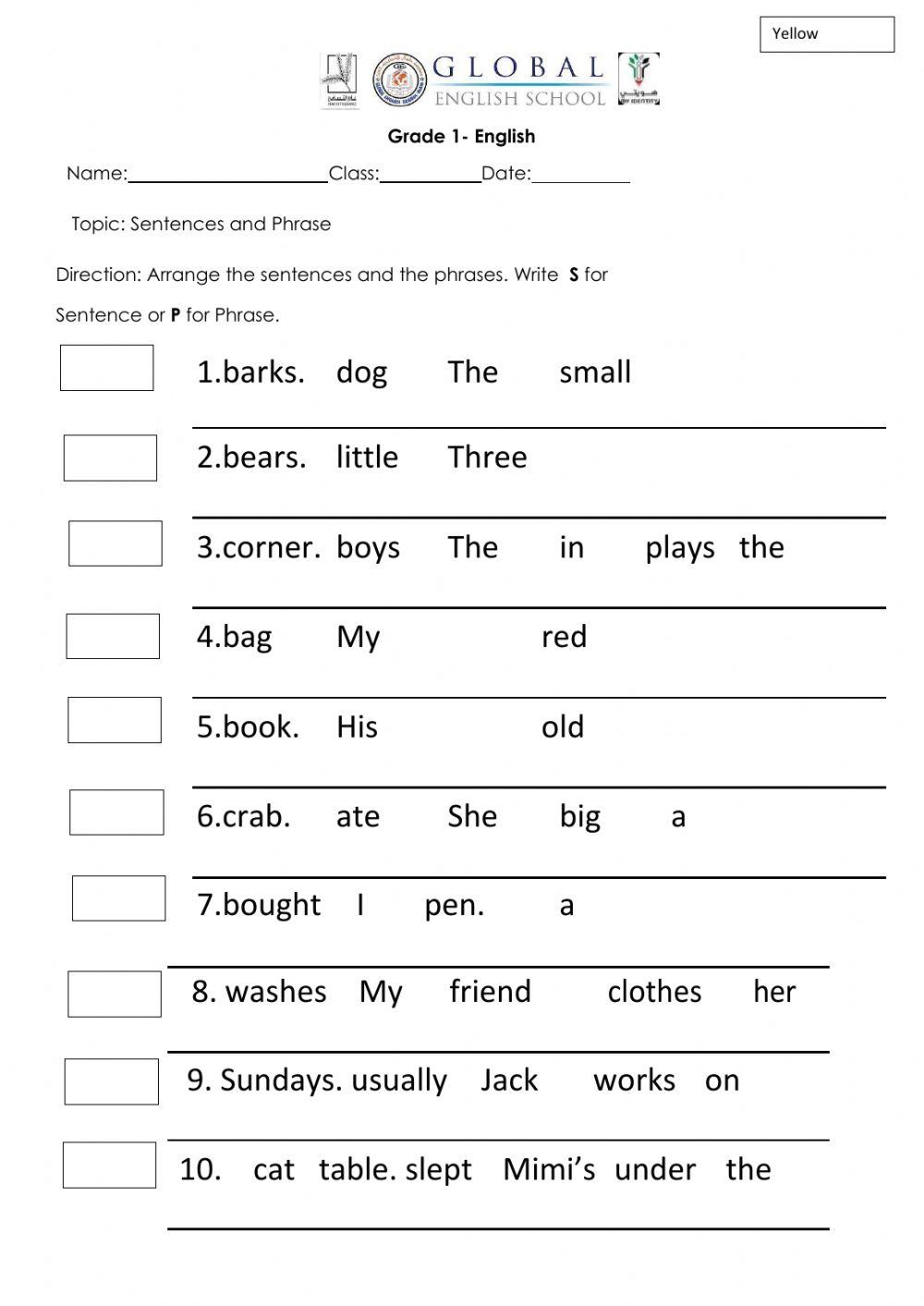 Worksheet On Sentences And Phrases For Grade 4