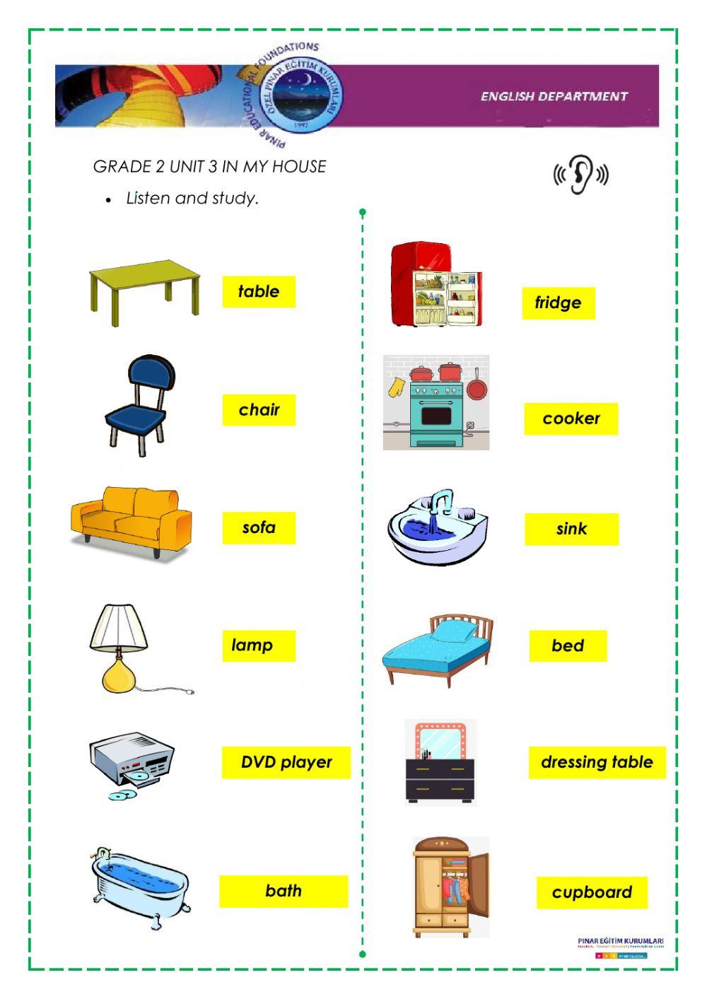Household items worksheet for Grade 2