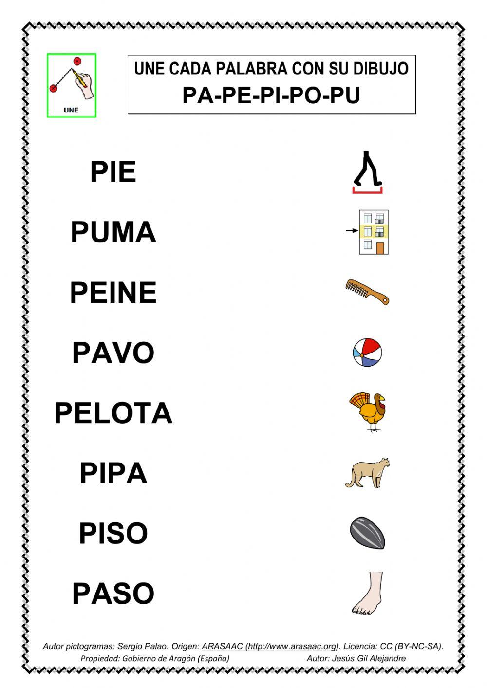 Une palabra y dibujo pa pe pi po pu mayúsculas