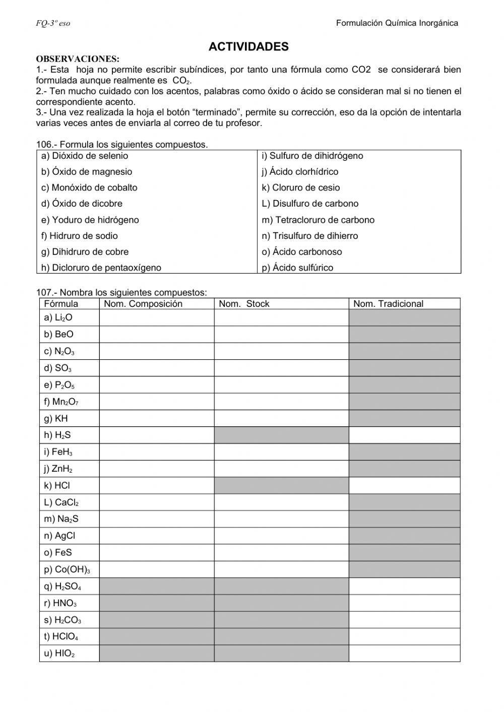 Formulación inorgánica 3 eso