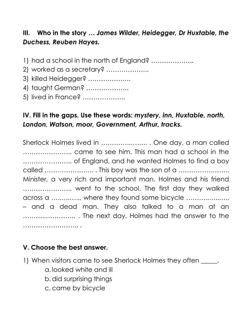 Sherlock Holmes and the Duke's Son Comprehension Test