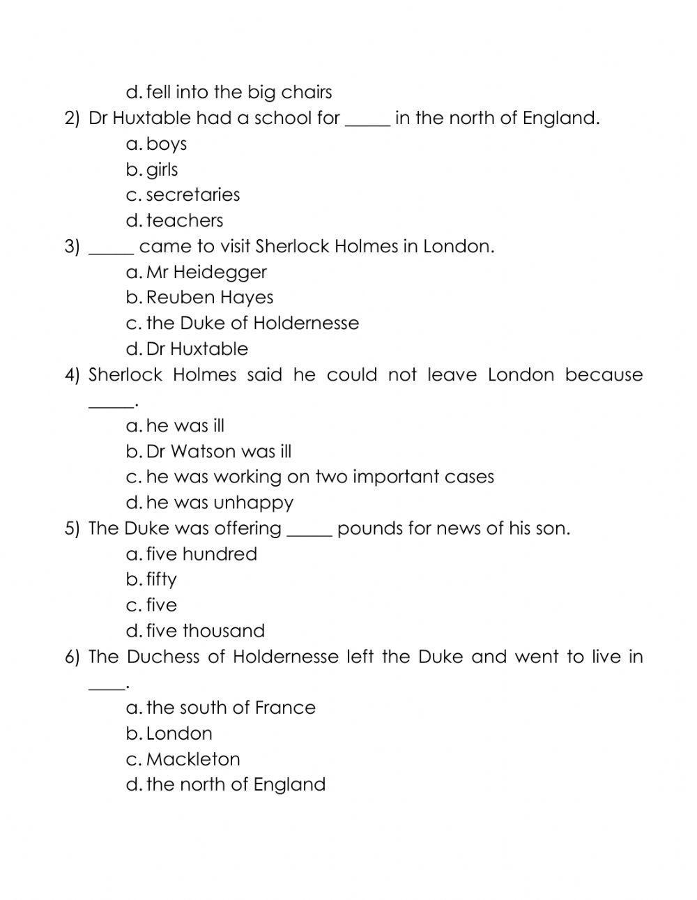 Sherlock Holmes and the Duke's Son Comprehension Test