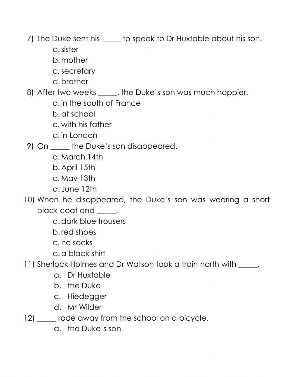 Sherlock Holmes and the Duke's Son Comprehension Test