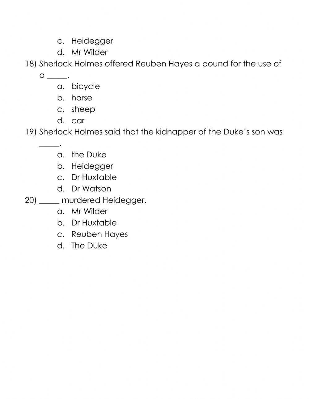 Sherlock Holmes and the Duke's Son Comprehension Test