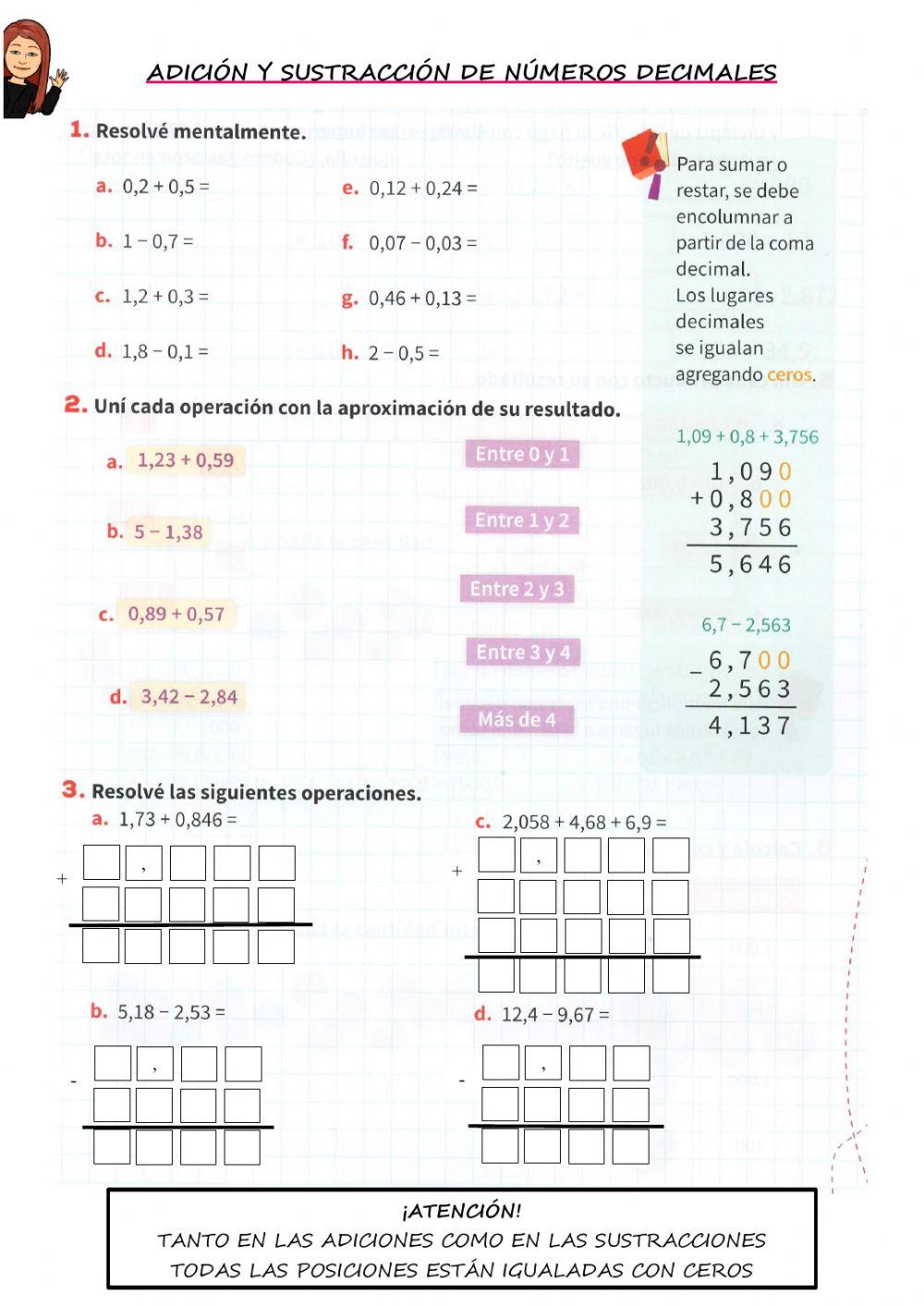 Suma y resta con números decimales
