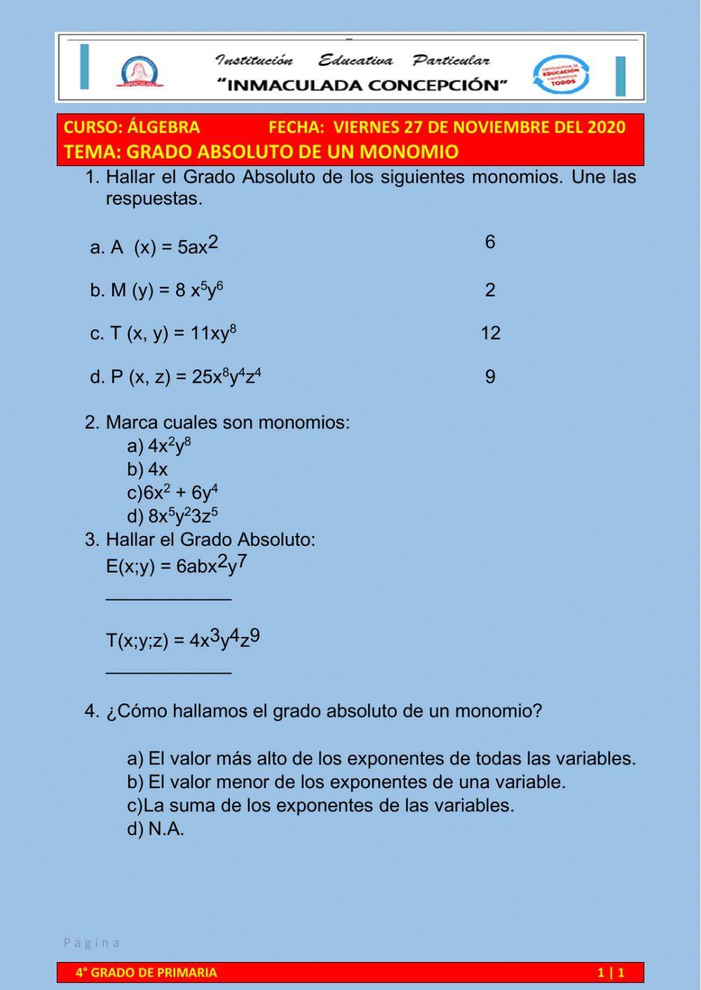 Grado absoluto de un  monomio