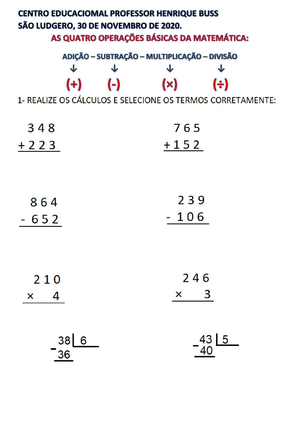 Matemática: As 4 operações
