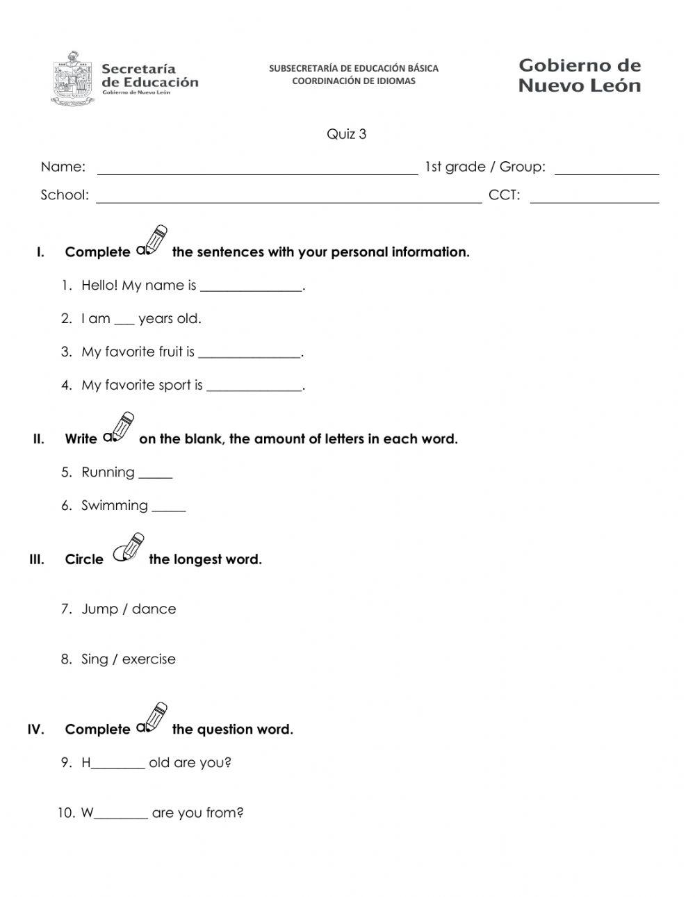 November Quiz - Personal Information - First Grade