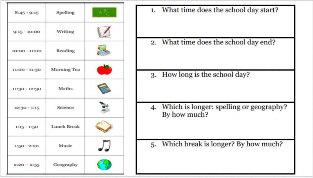 Exercise -1 (LIVEWORKSHEETS)- Reading a School Schedule