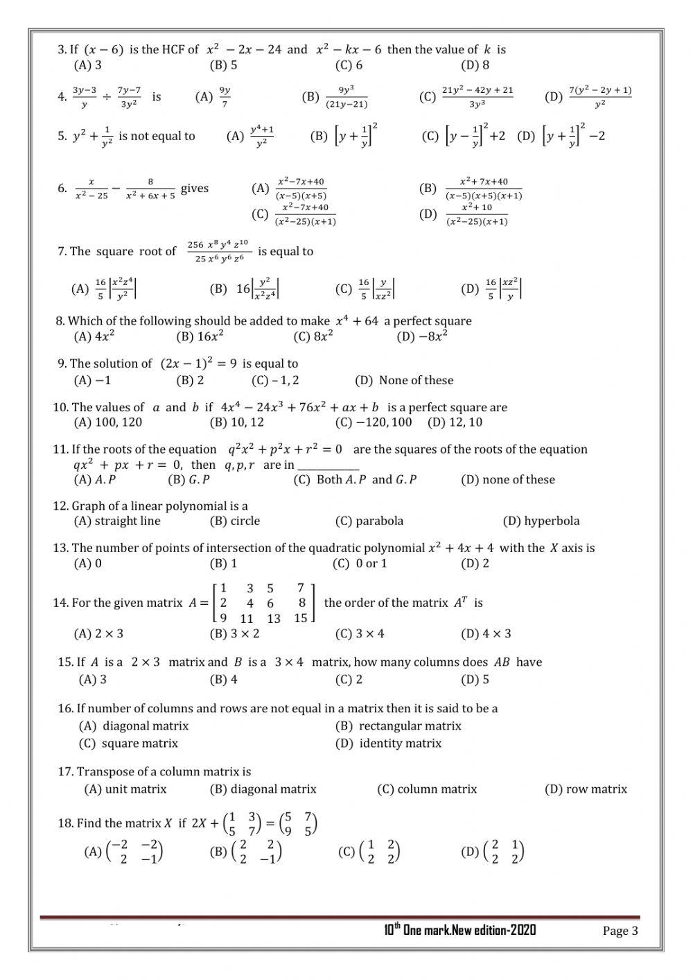 1 mark em 10th maths