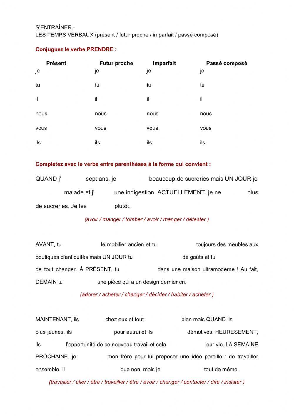 Le temps verbaux : présent, futur proche, imparfait, passé composé