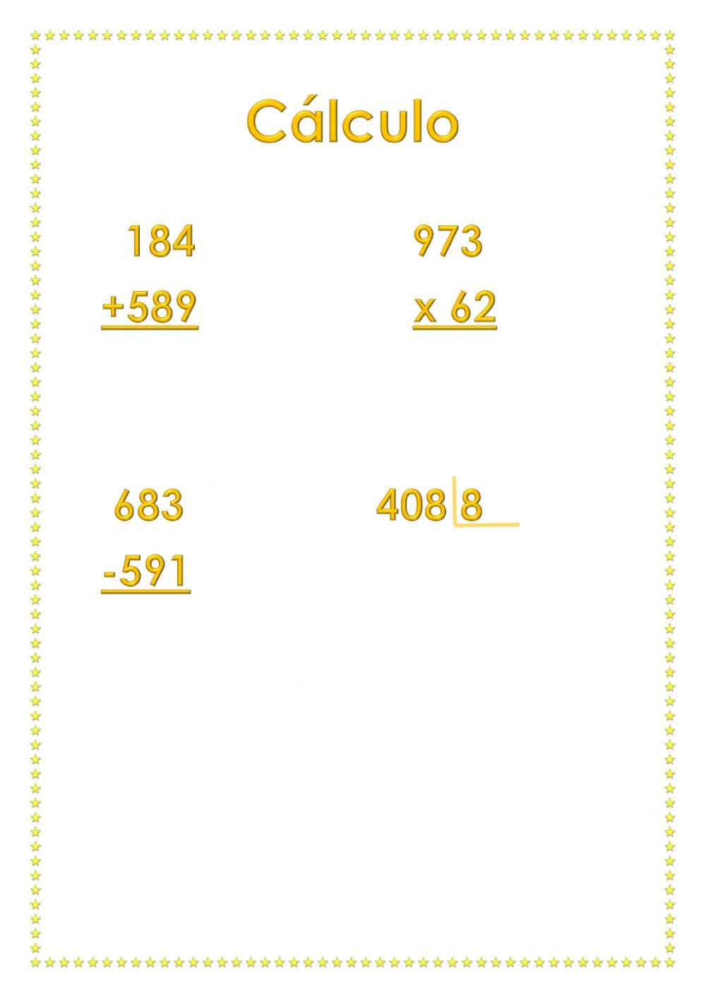 Cálculo: suma, resta, multiplicación y división