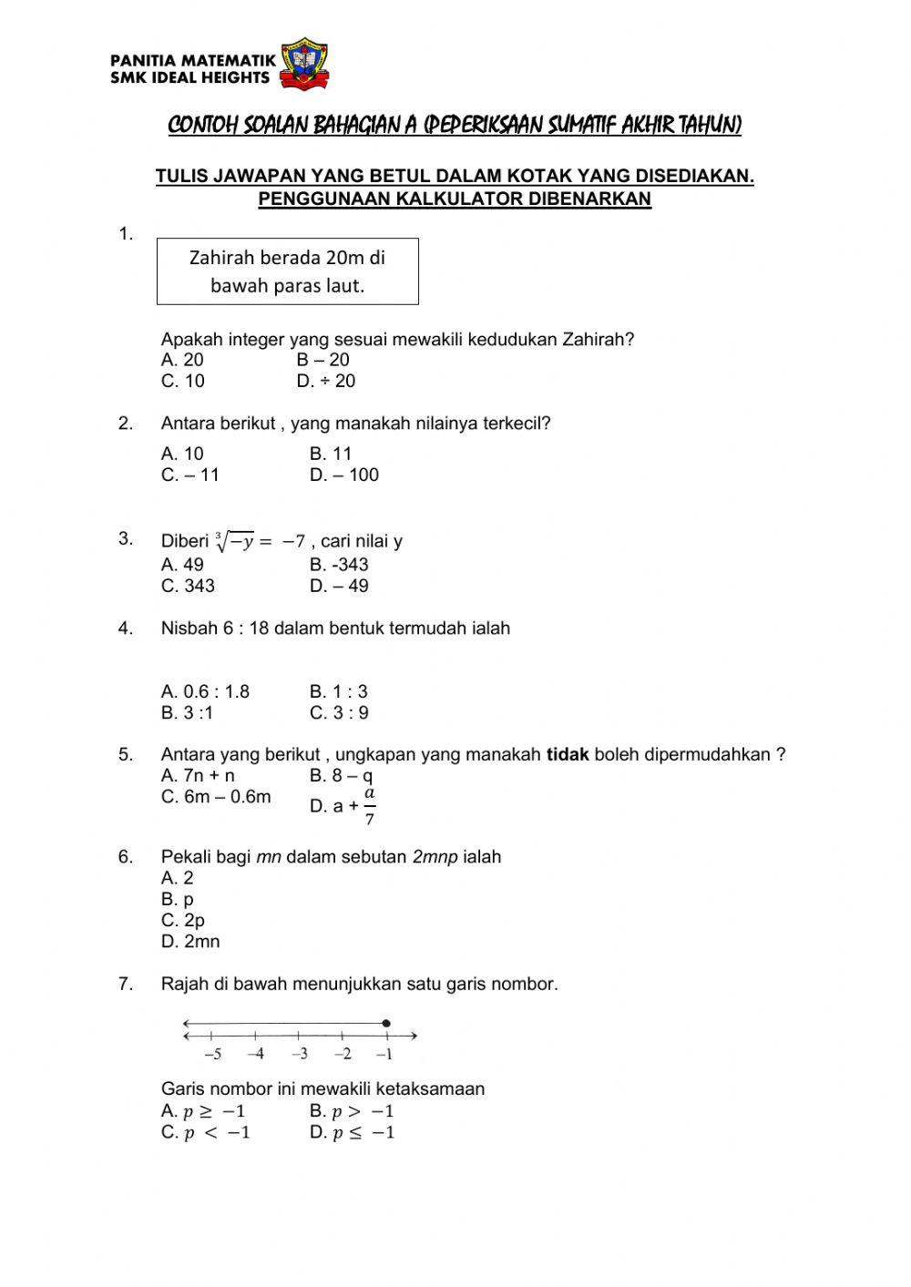 Ulangkaji matematik tingkatan 1