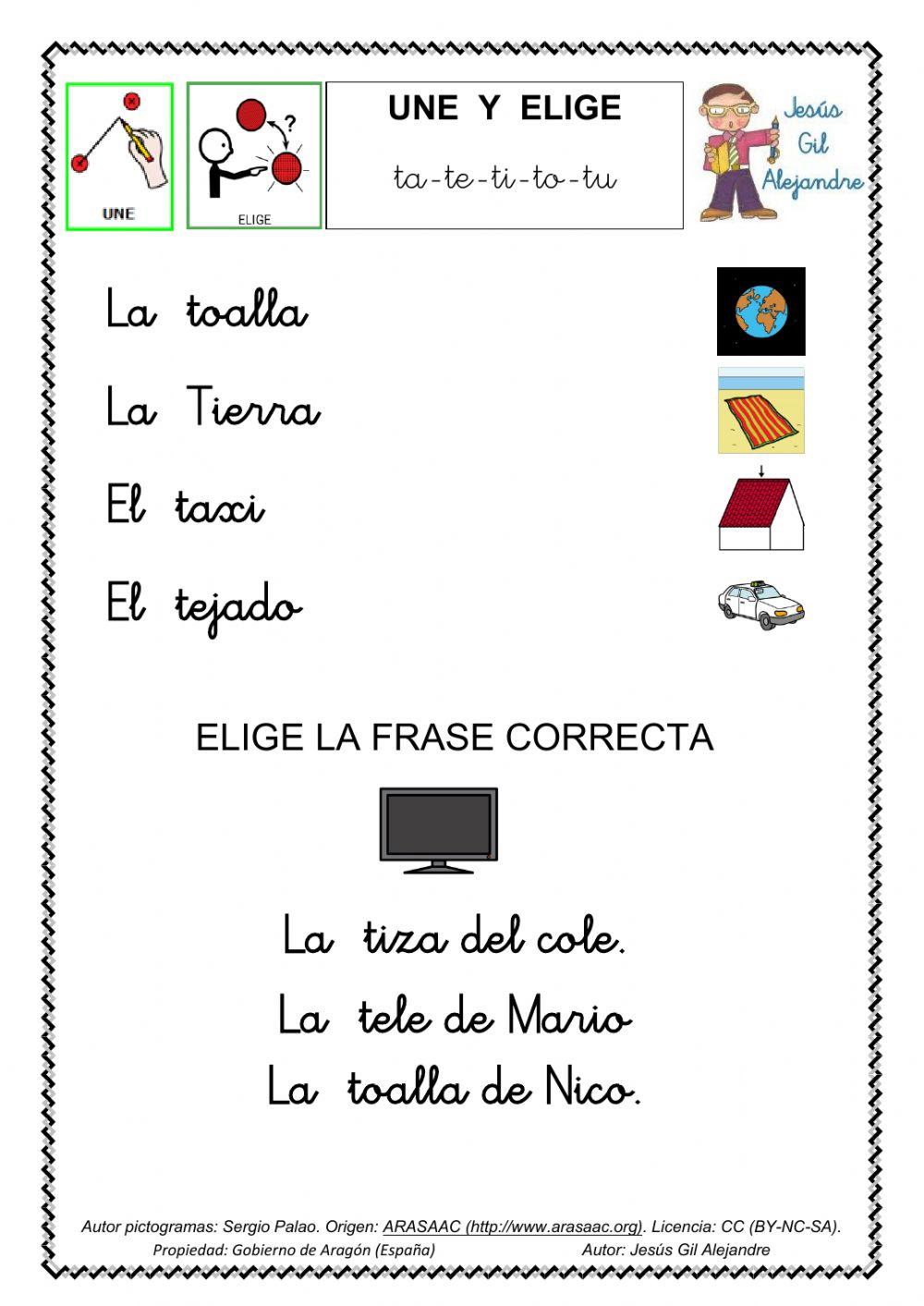 Une cada palabra con su dibujo y elige la frase correcta. TA TE TI TO TU minúsculas