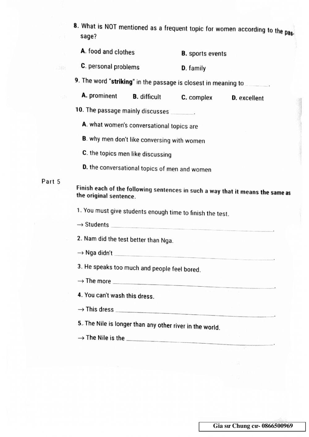 Lớp 10 - Kiếm tra 45p (unit 6,7 test 19)