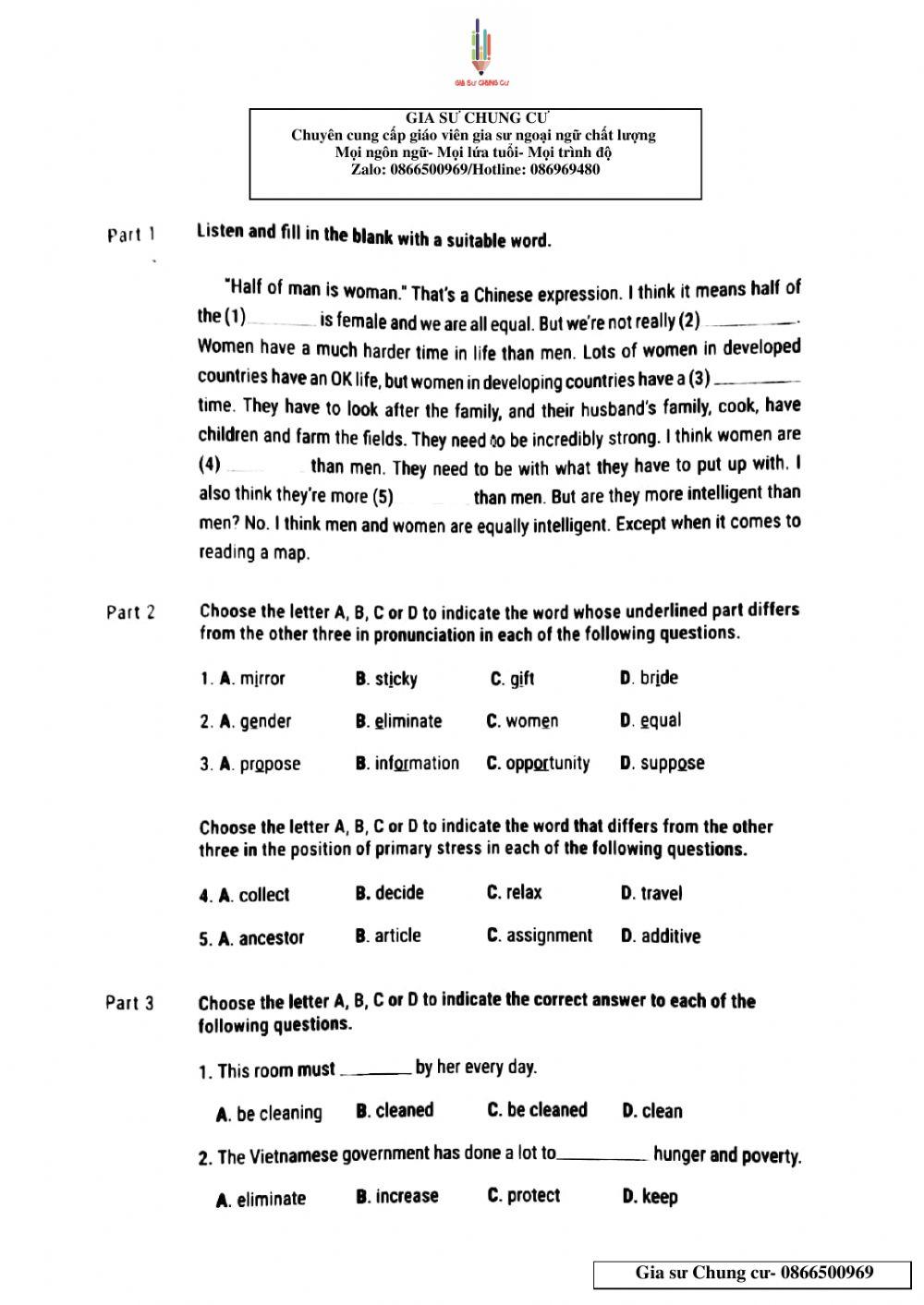 Lớp 10 - Kiếm tra 45p (unit 6,7 test 20)