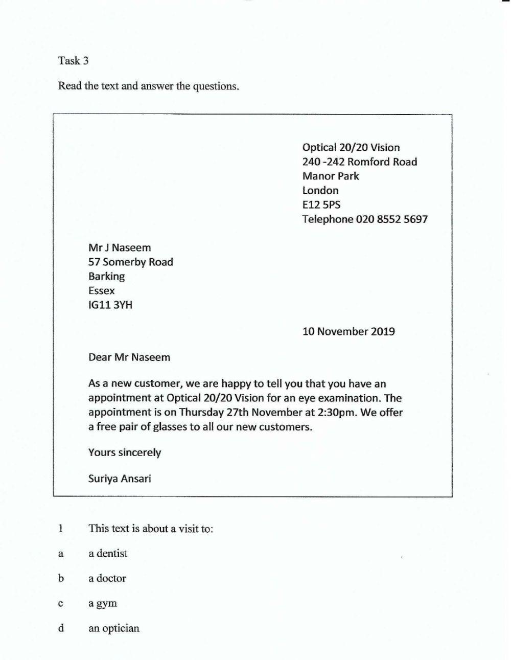 E1 Reading Exam Practice