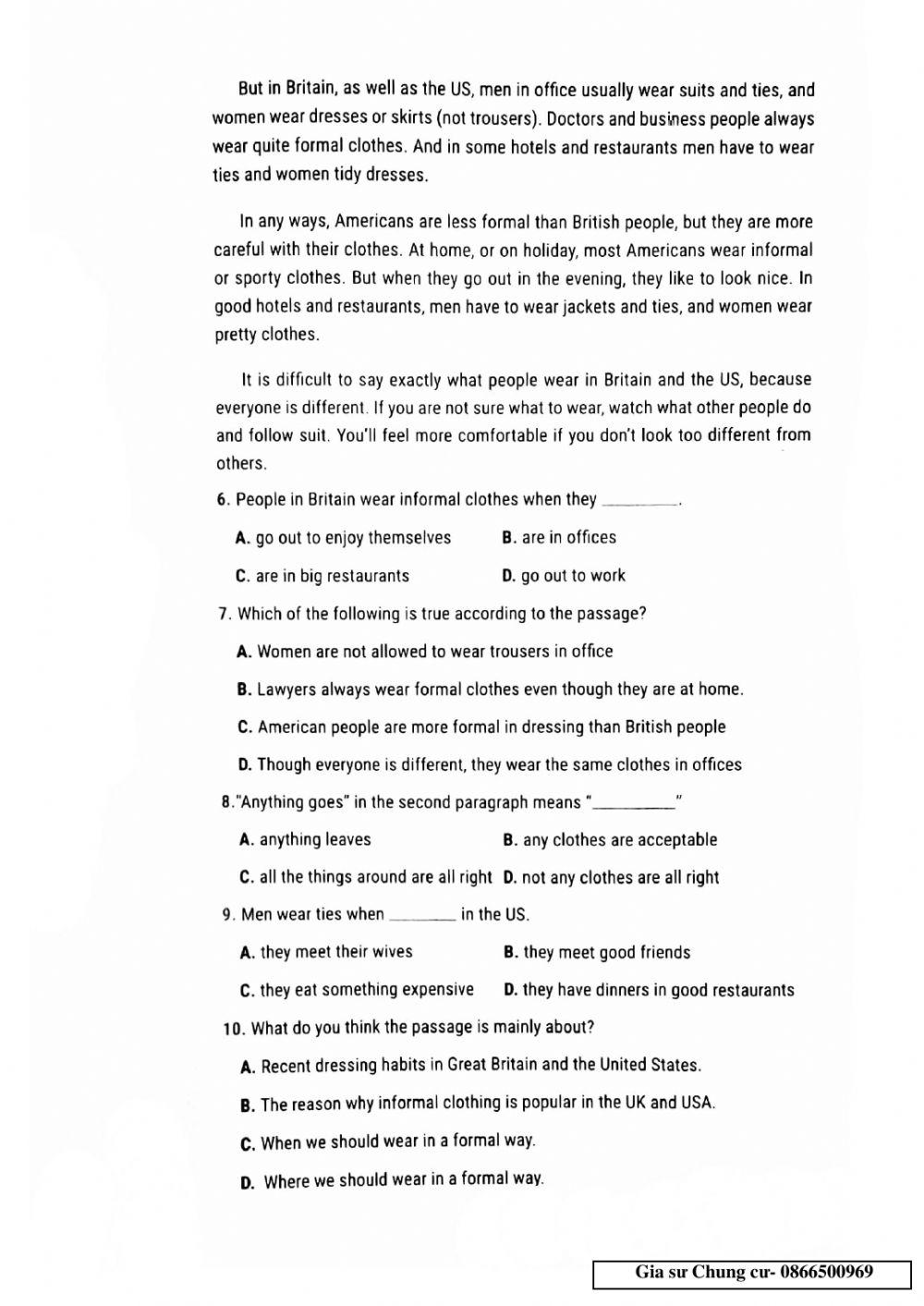 Lớp 10 - Kiểm tra 45 phút Unit 6,7